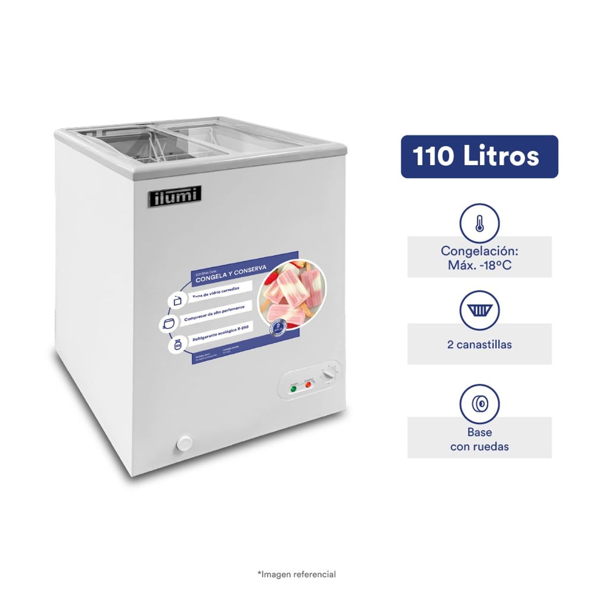 ILUMI - Congelador Ilumi Tapa Vidrio de 110 LTS