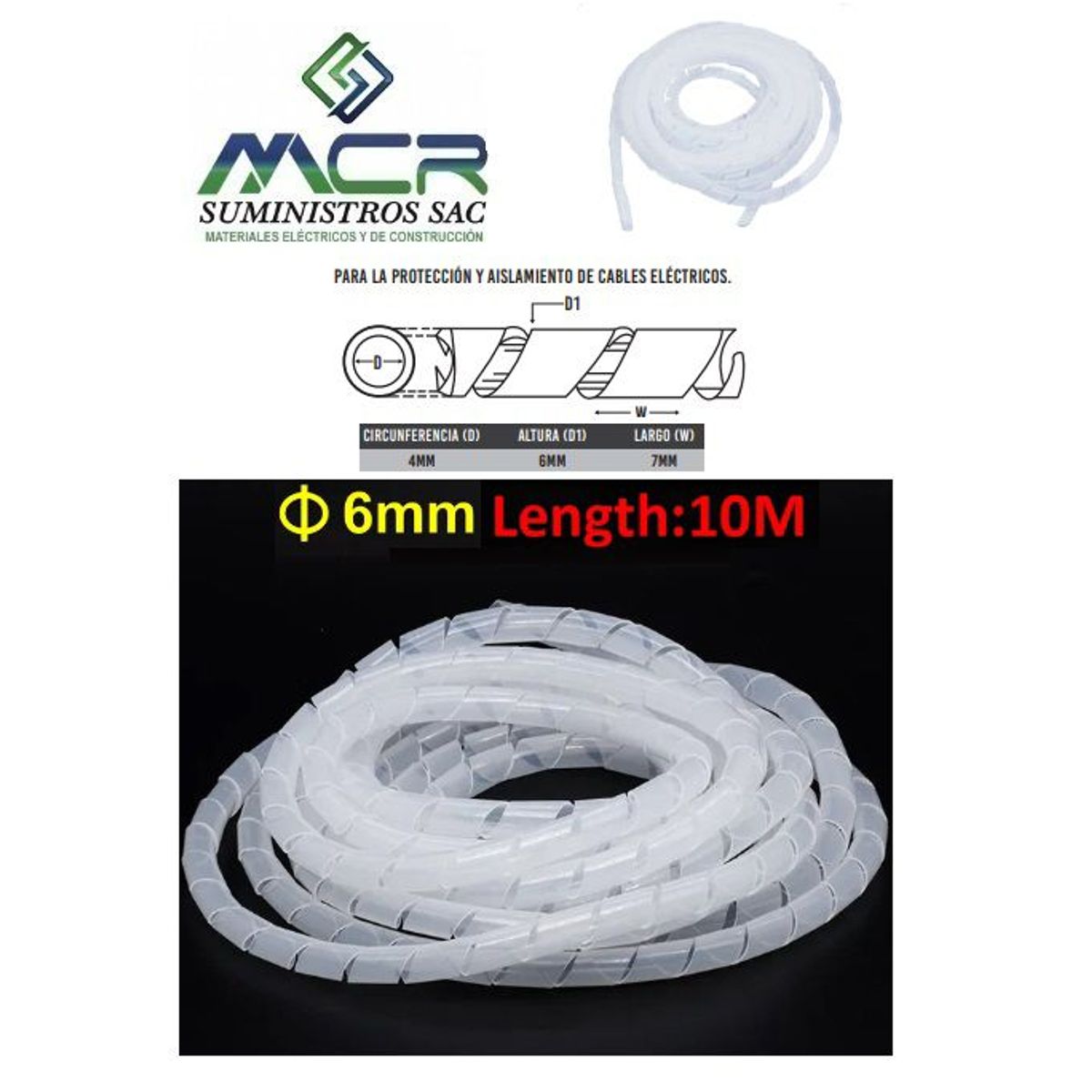 GENERICO - ESPIRAL PORTACABLE DE 6MM CON 10M DE LARGO COLOR PLASTICO BLANCO