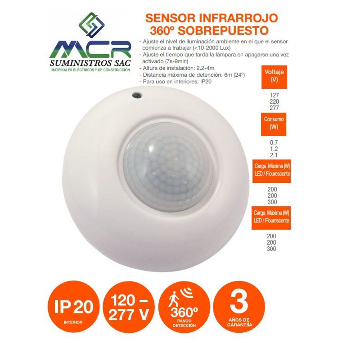 GENERICO - SENSOR O DETECTOR DE MOVIMIENTO CON INFRAROJO PARA INTERIORES