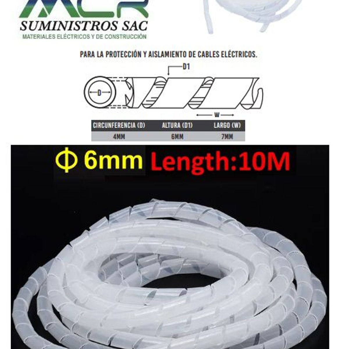 GENERICO - ESPIRAL PORTACABLE DE 6MM CON 10M DE LARGO PLASTICO BLANCO 10UNID