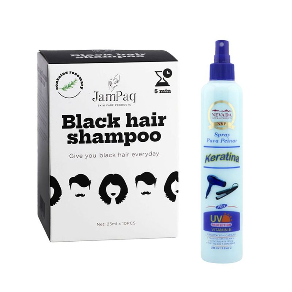 GENERICO - Shampoo Capilar Cubre Canas negro + Spray de Peinar Keratina