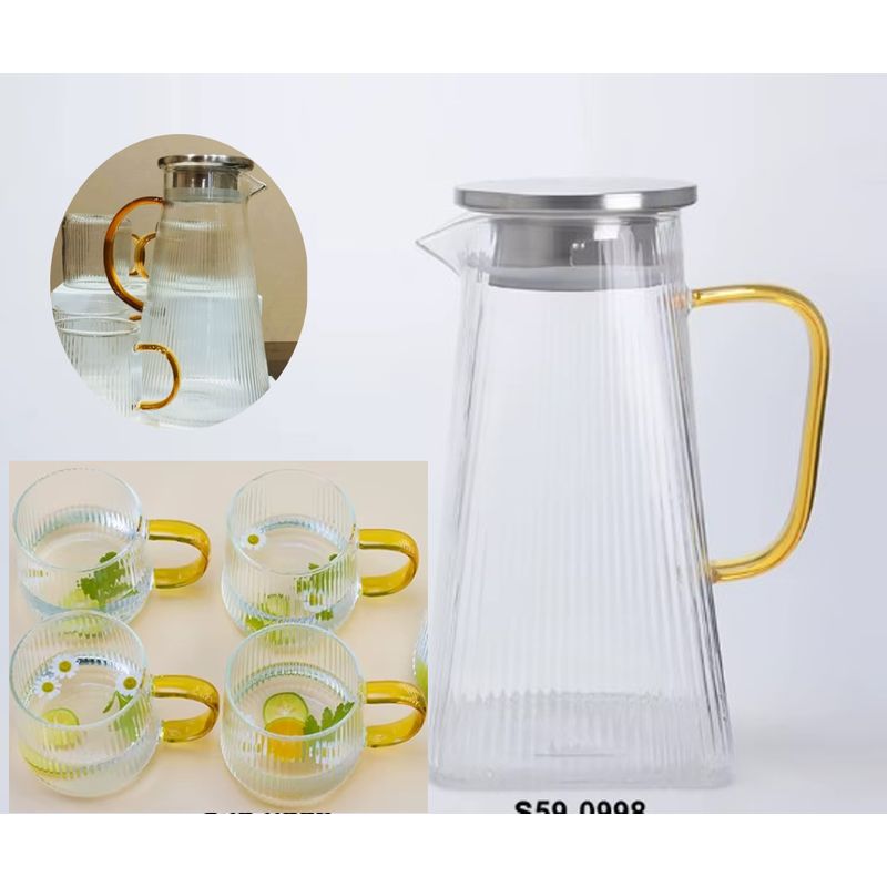 GENERICO - Set de Jarra y 4 Tazas con Asa Dorada Resistente al Calor.