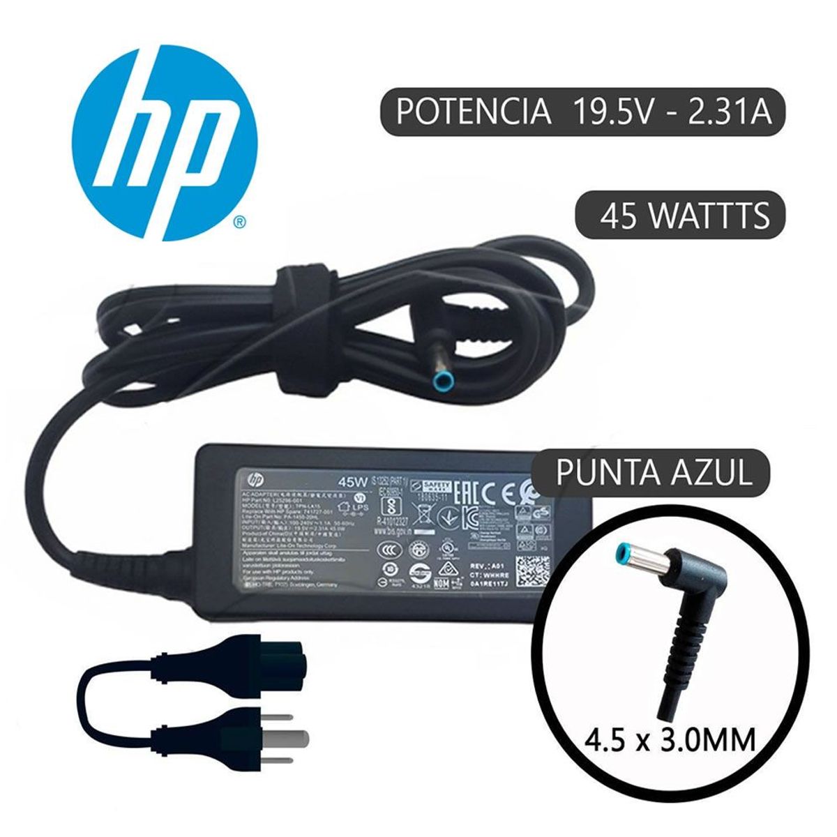 GENERICO - Cargador Generico Laptop HP Punta Azul 195V-231A-45x30-45W