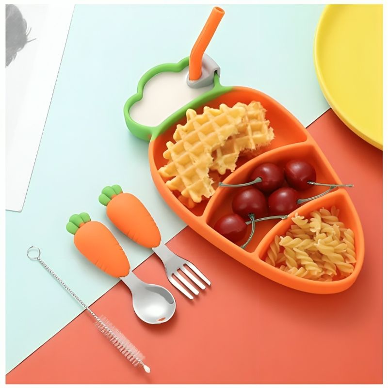 GENERICO - Plato de Silicona Tipo Zanahoria con 2 Cubiertos para Bebés Niños