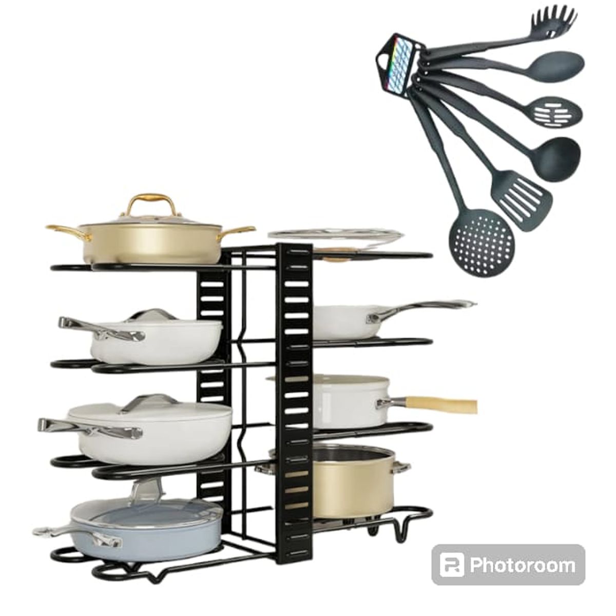 GENERICO - ORGANIZADOR DE OLLAS Y TAPAS 8 NIVELES + SET DE CUCHARONES