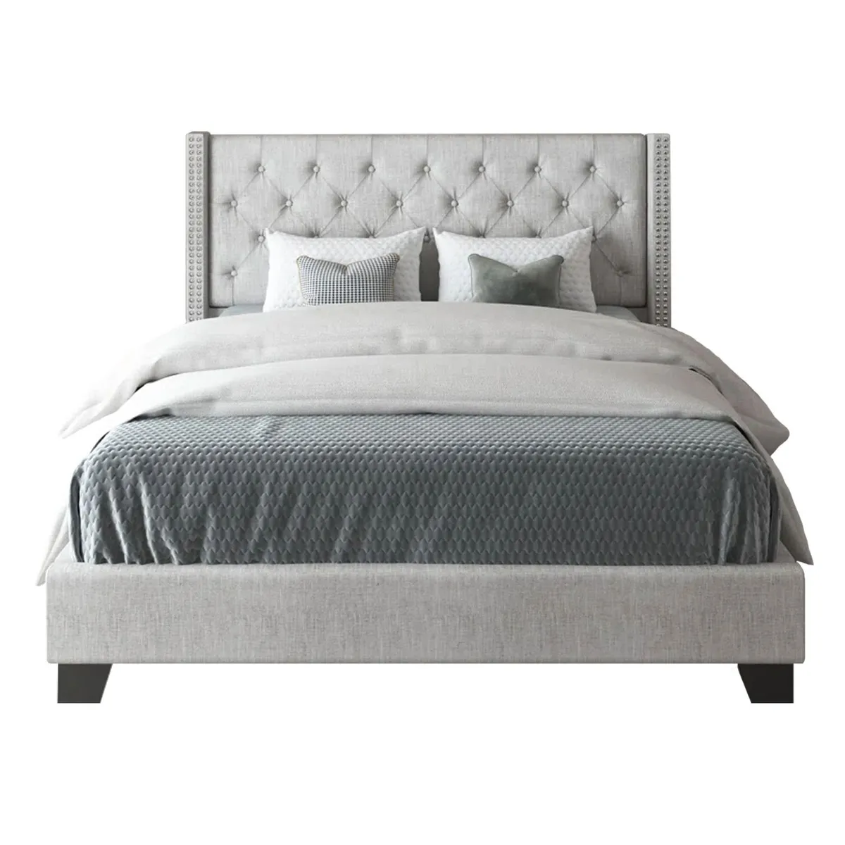 GENERICO - Cama Tapizada Capitoné Gris Claro 2 Plazas