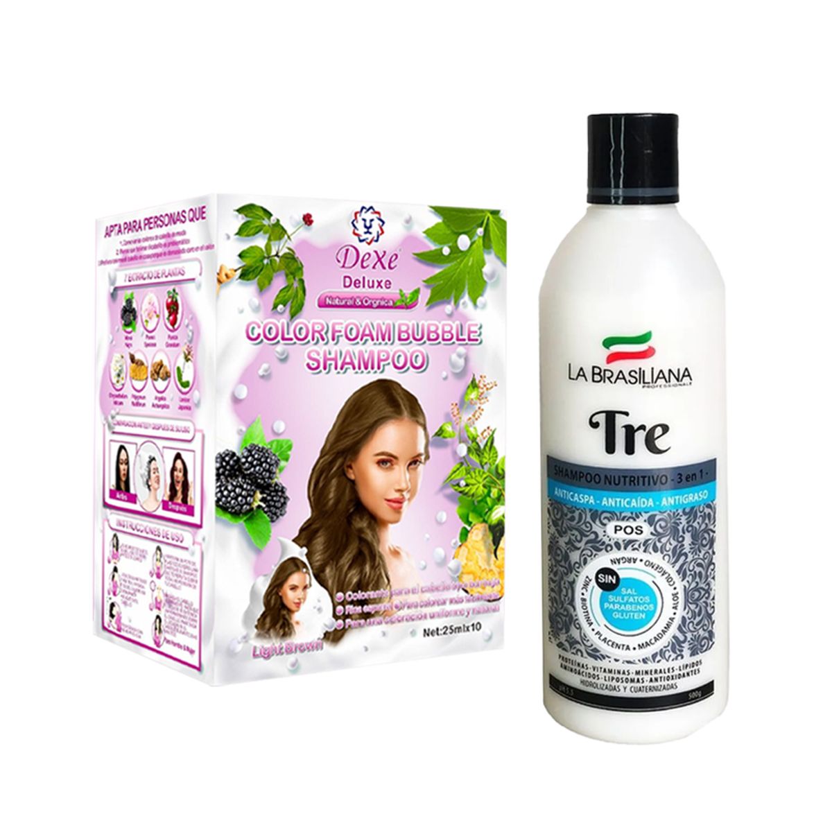 LA BRASILIANA - Shampoo Capilar Tre + Shampoo Cubre Canas Marrón Claro Dexe