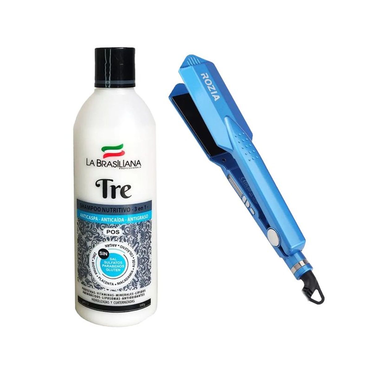 LA BRASILIANA - Shampoo Capilar Tre + Plancha para el cabello Rozia