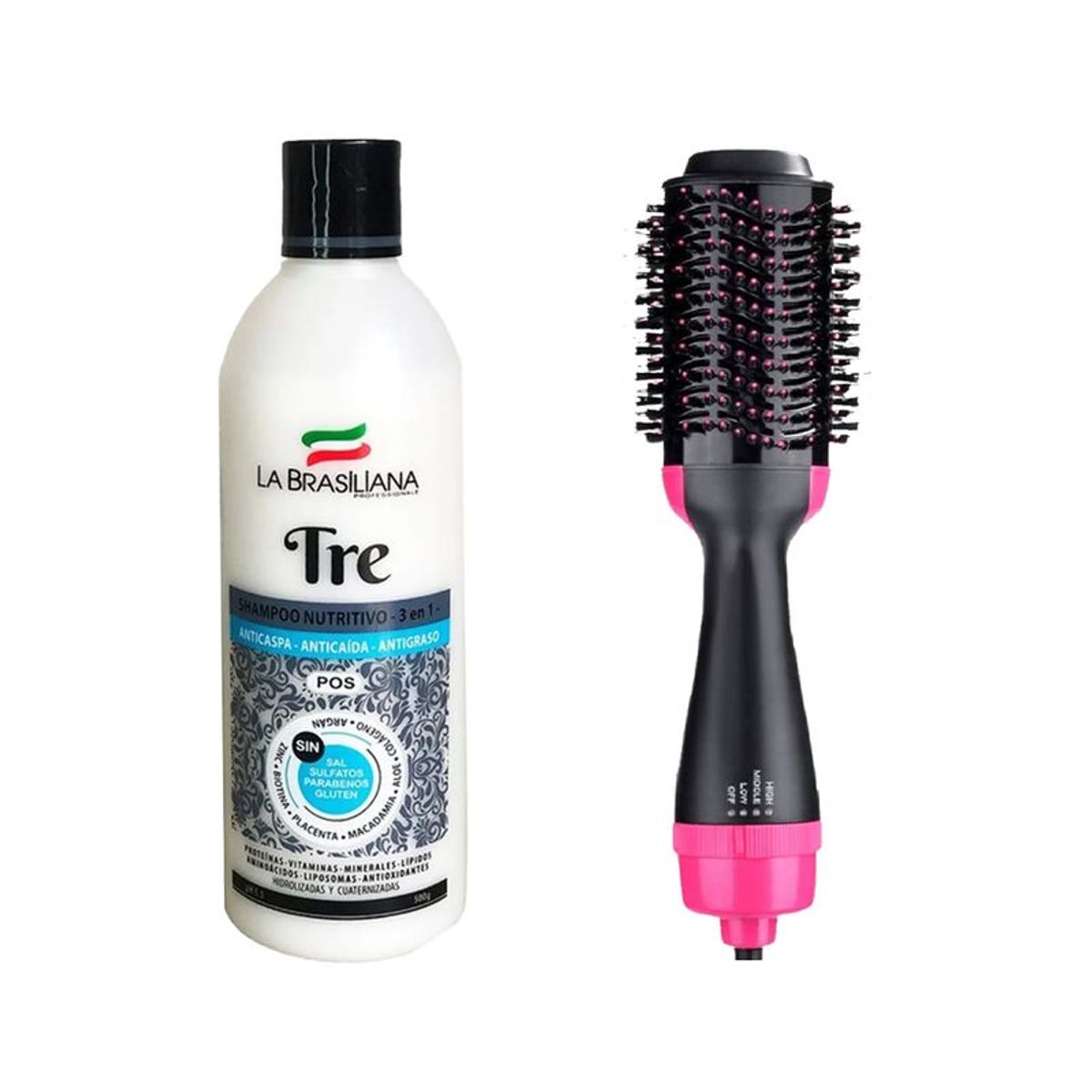 LA BRASILIANA - Shampoo Capilar Tre + Cepillo multifuncional 4 en 1 1200w