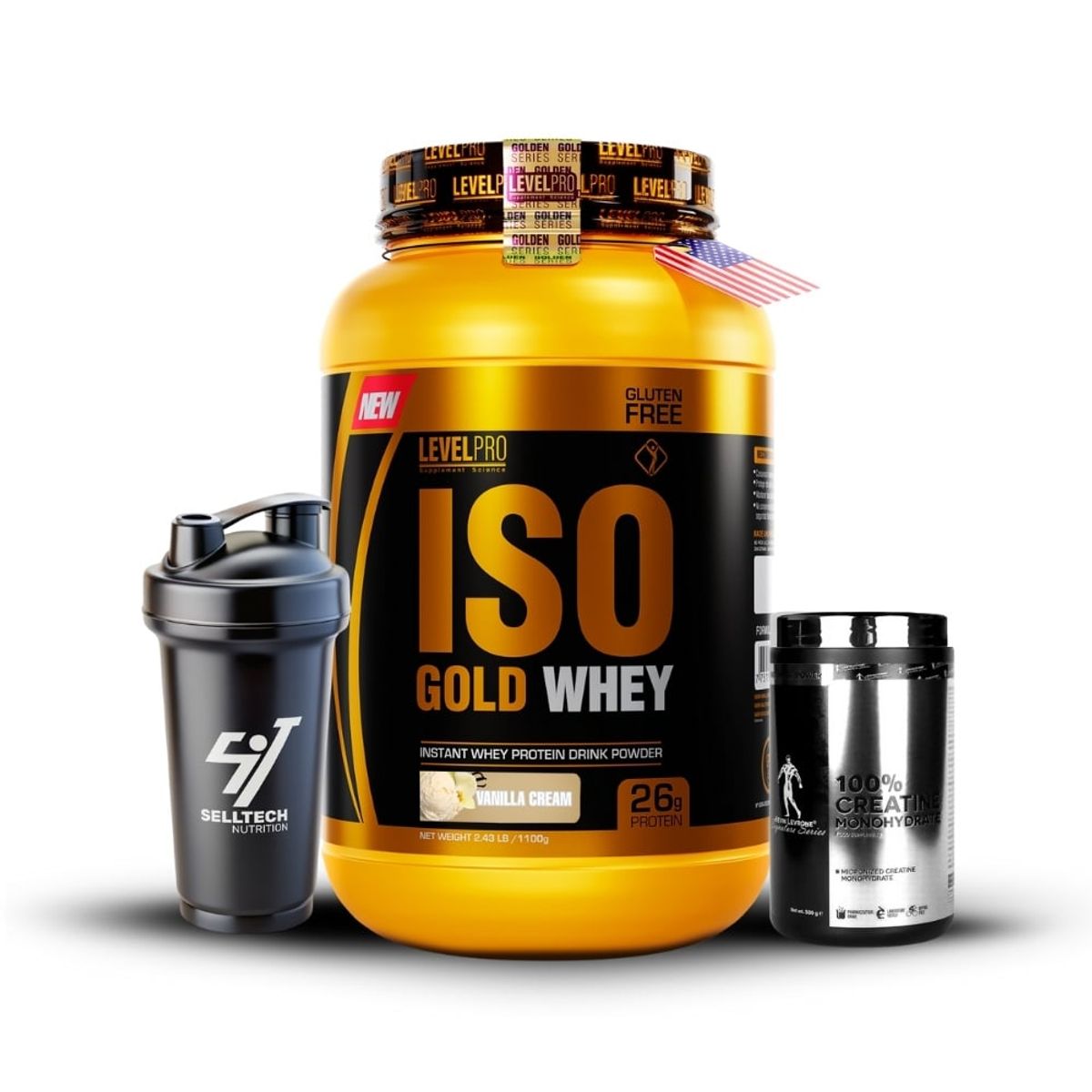 LEVEL PRO - Iso Gold Whey de 1kg Vanilla+Creatina Kevin Levrone 500gr