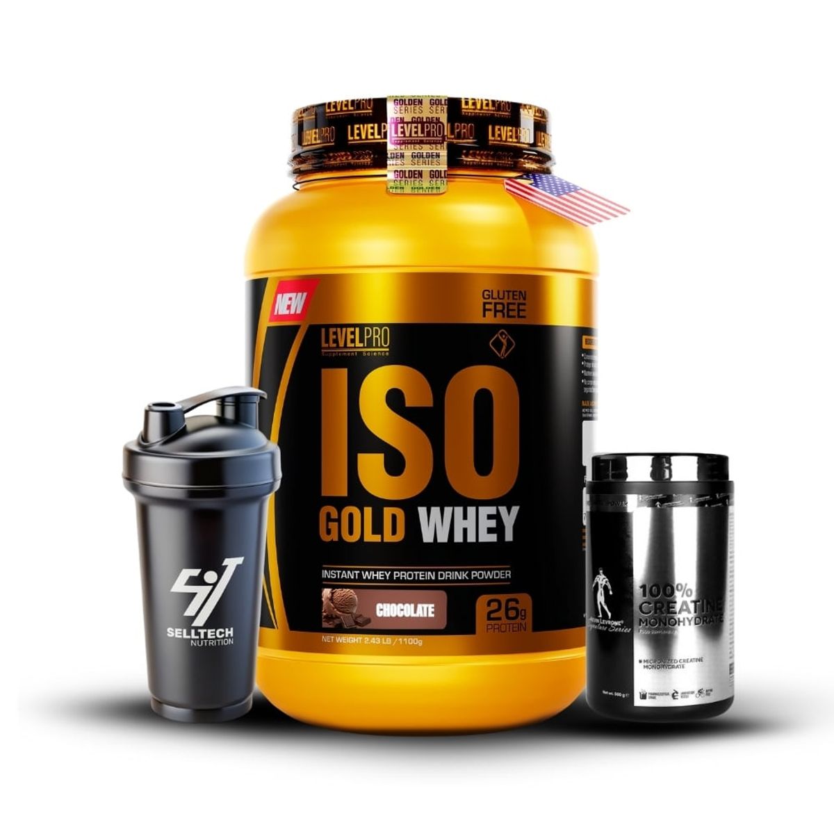 LEVEL PRO - Iso Gold Whey de 1kg Chocolate+Creatina Kevin Levrone 500gr