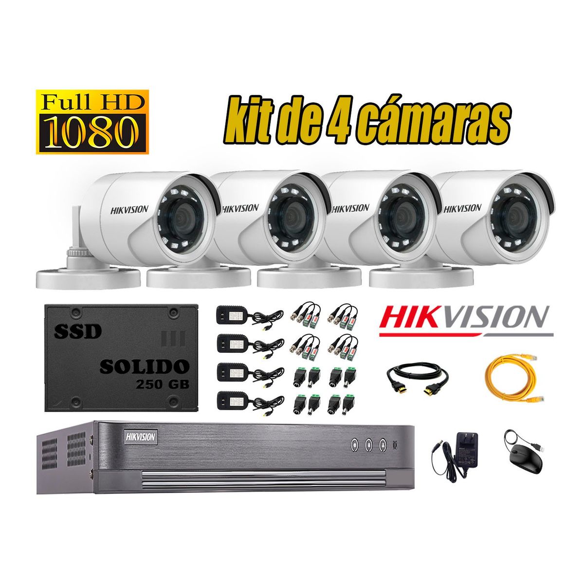 HIKVISION - CÁMARAS SEGURIDAD EXTERIOR KIT 4 FULL HD 1080P + DISCO SSD 240GB
