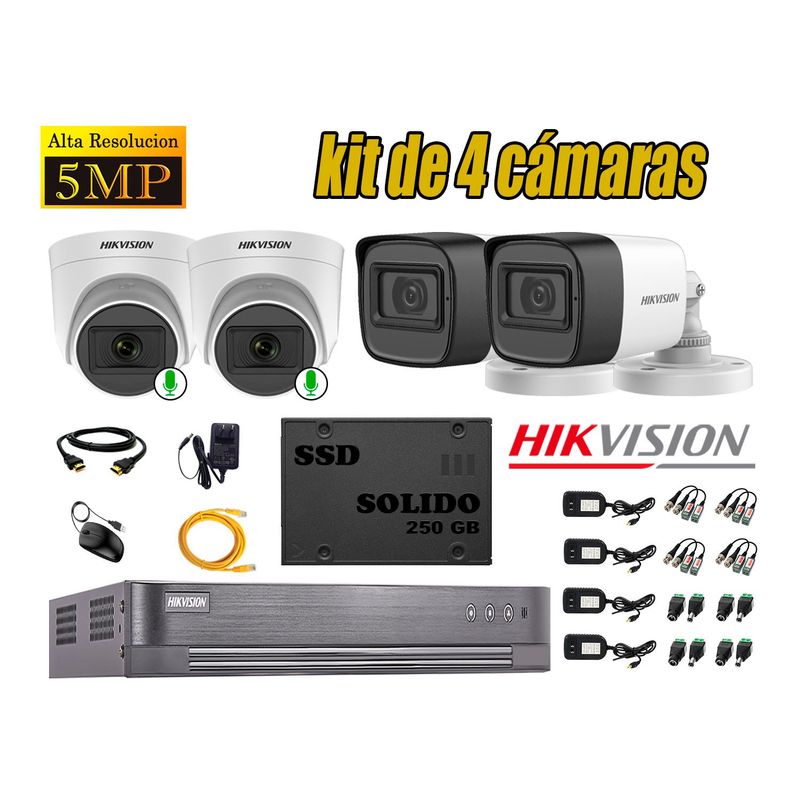 HIKVISION - CÁMARAS SEGURIDAD KIT 4 5MP 2 CAMARAS AUDIO + DISCO SSD 240GB