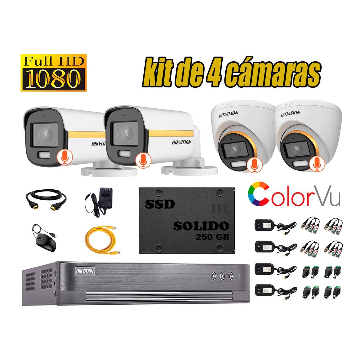 HIKVISION - CÁMARAS SEGURIDAD KIT 4 FULL HD AUDIO COLORVU VISION + DISCO SSD 240GB