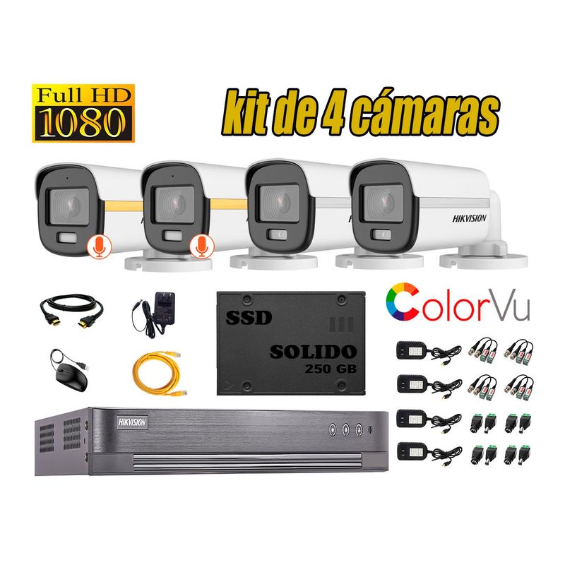 HIKVISION - CÁMARAS SEGURIDAD EXTERIOR KIT 4 1080P TUBO COLORVU NOCHE + SSD 240GB