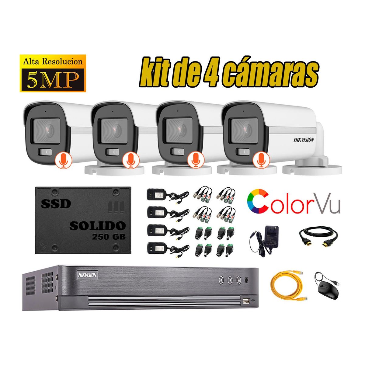 HIKVISION - CÁMARAS SEGURIDAD EXTERIOR HIKVISION KIT 4 5MP COLORVU + SSD 240GB