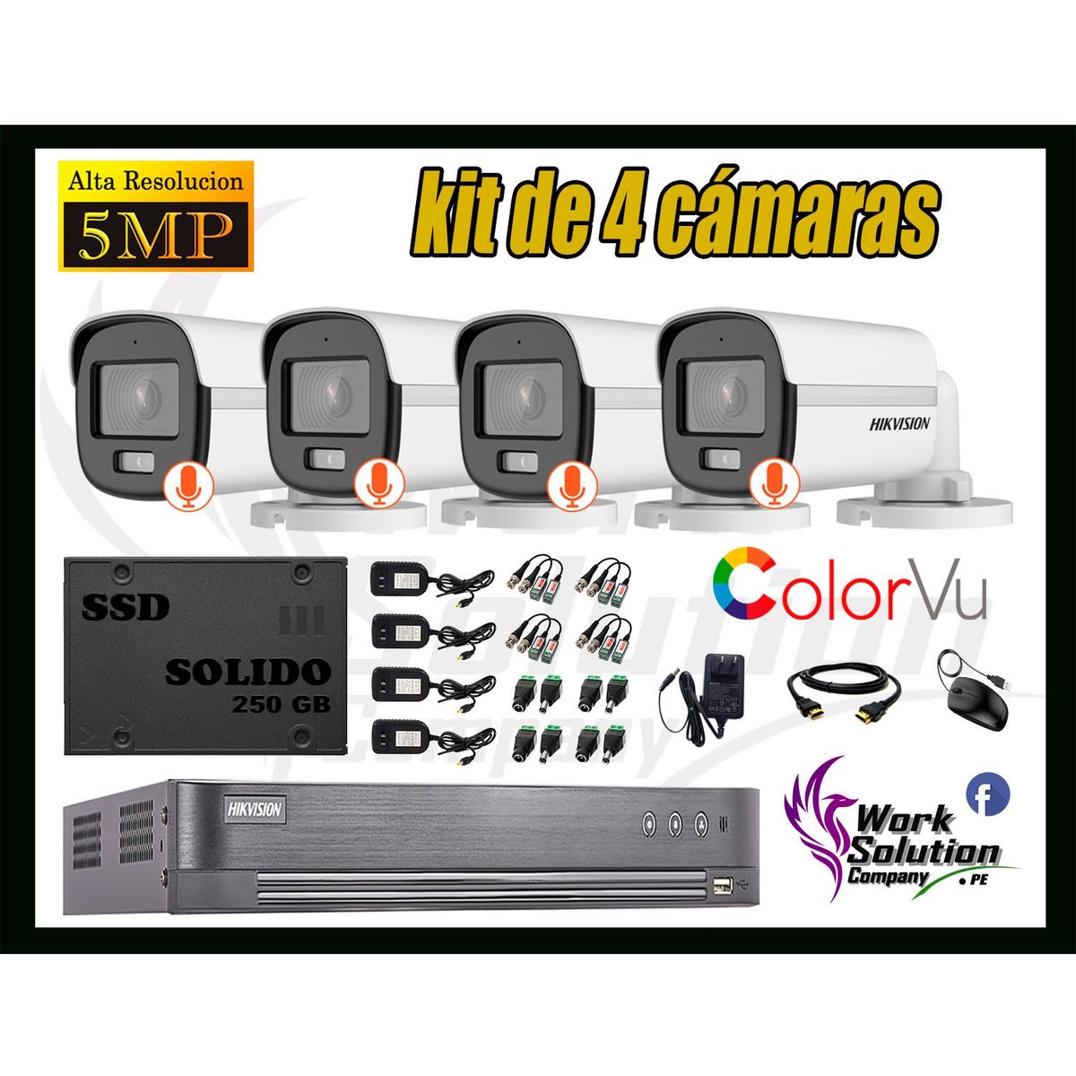 HIKVISION - CÁMARAS SEGURIDAD EXTERIOR HIKVISION KIT 4 5MP COLORVU + SSD 240GB