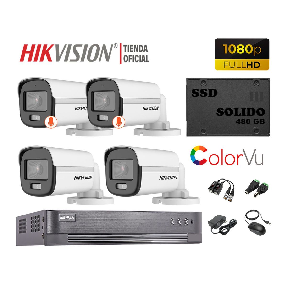 HIKVISION - KIT4 CÁMARAS VIGILANCIA EXTERIOR HIKVISION 1080P COLORVUNOCH +SSD480GB