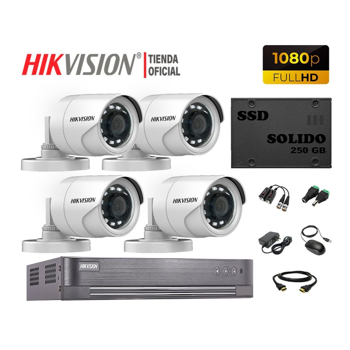 HIKVISION - KIT 4 CÁMARAS VIGILANCIA EXTERIOR HIKVISION FULL HD + DISCO SSD 240GB