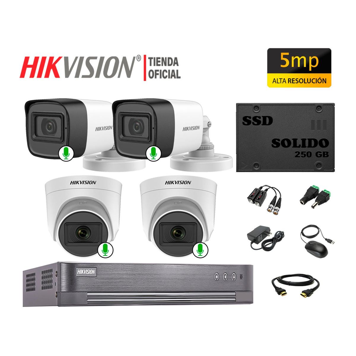 HIKVISION - KIT 4 CÁMARAS VIGILANCIA HIKVISION 5MP CON AUDIO + DISCO SSD 240GB