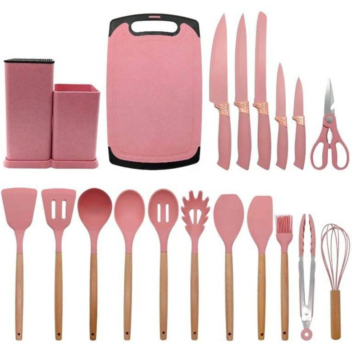 GENERICO - Juego de Utensilios 19 Piezas de Silicona Rosado
