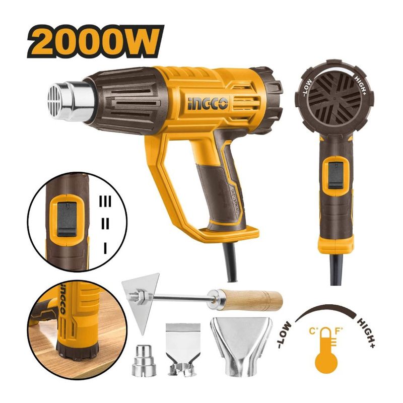 INGCO TOOLS - Pistola de Calor Temperatura Ajustable Ingco 2000W + 4 Accesorios HG200047