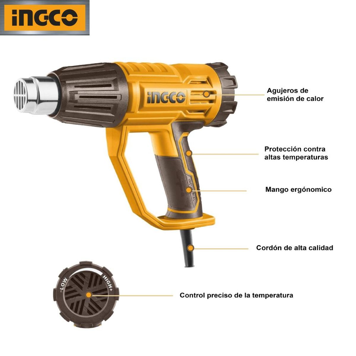 INGCO TOOLS - Pistola de Calor Temperatura Ajustable Ingco 2000W + 4 Accesorios HG200047