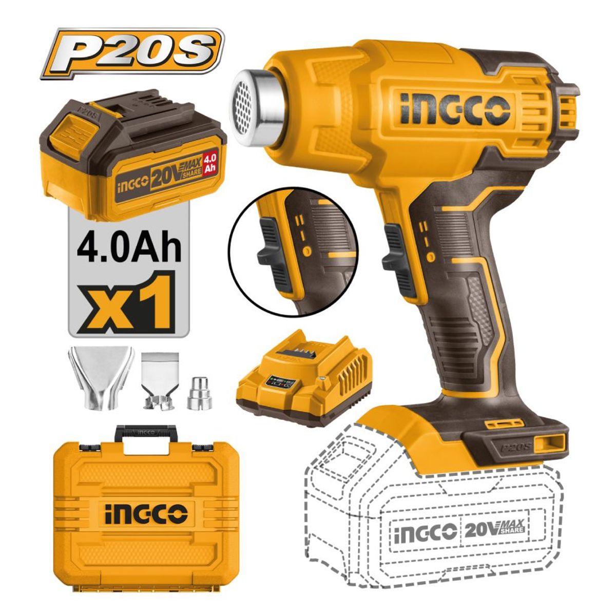 INGCO TOOLS - Pistola de Calor Ingco 20V + 1 Batería 4.0AH + Cargador HGLI20025