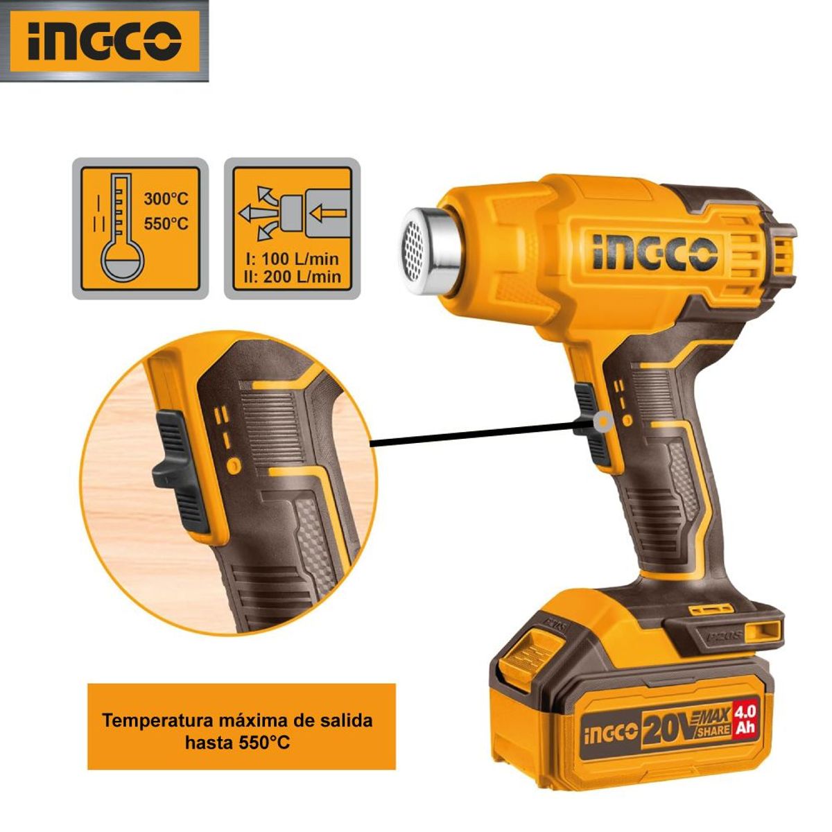 INGCO TOOLS - Pistola de Calor Ingco 20V + 1 Batería 4.0AH + Cargador HGLI20025