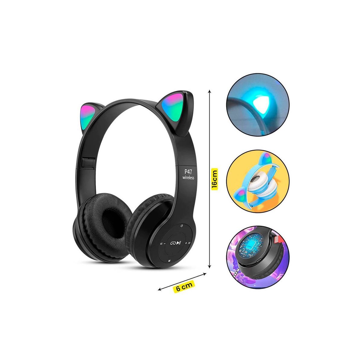 GENERICO - Audifonos Inalámbricos P47M RGB Gato - Negro