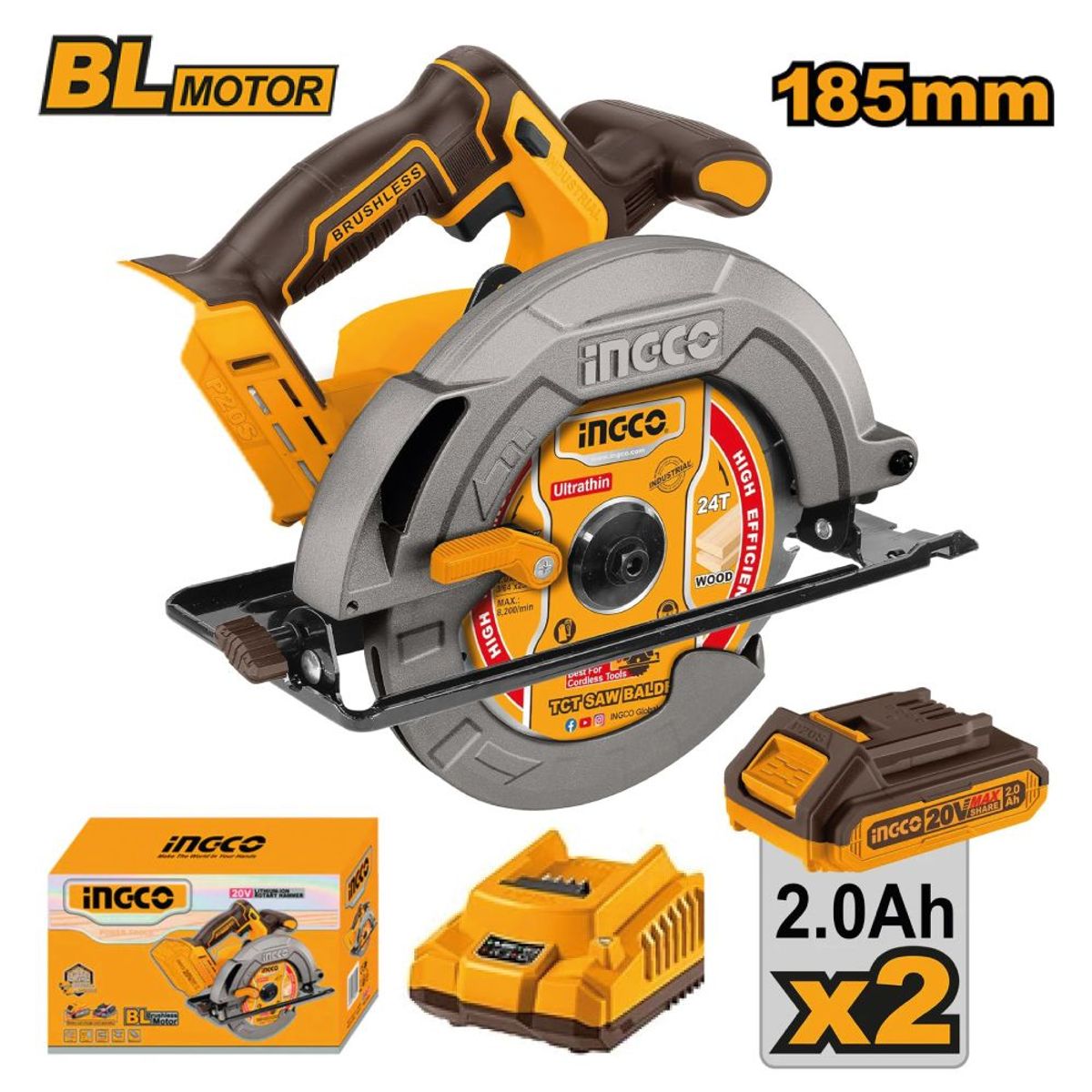 INGCO TOOLS - Sierra Circular Brushless Ingco 20V 7 1/4'' + 2 Baterías 2.0AH CSLI1851