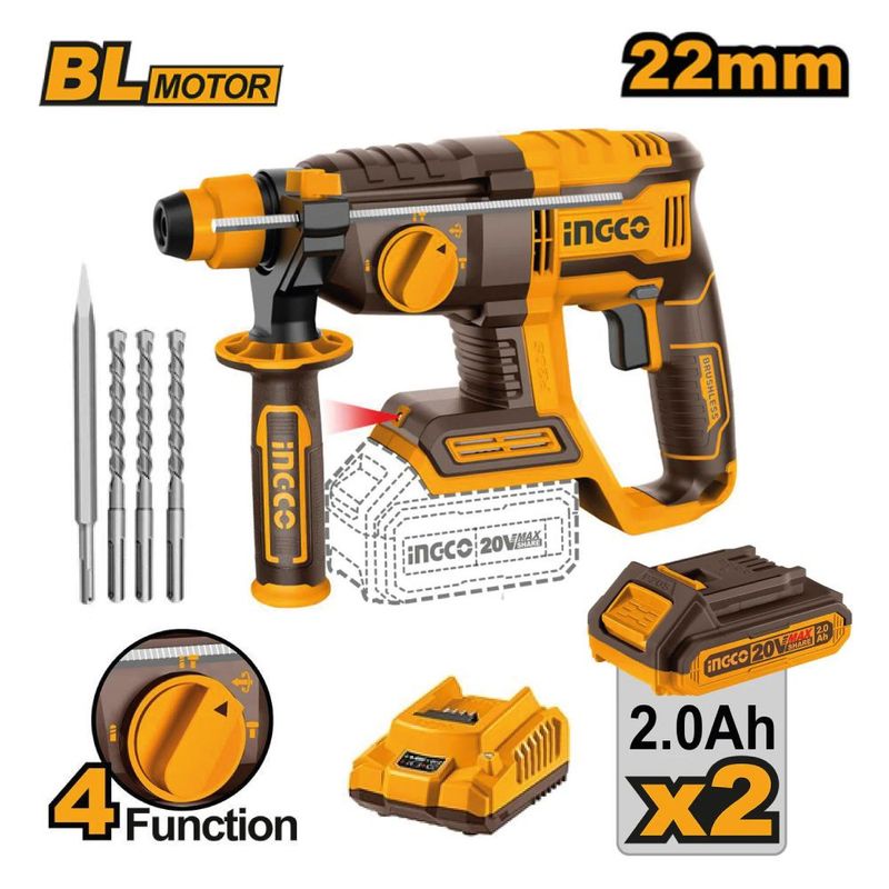 INGCO TOOLS - Rotomartillo Brushless Ingco 20V 2.0J SDS PLUS + 2 Baterías CRHLI20208