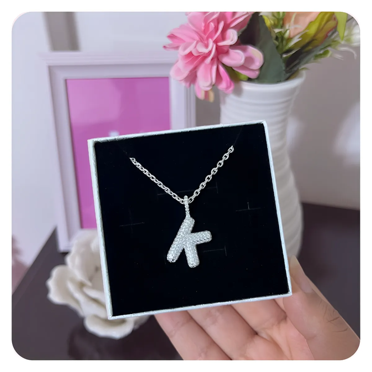 GENERICO - Collar Hombre Inicial Letra K Zircón Blanco Joya Plata 925