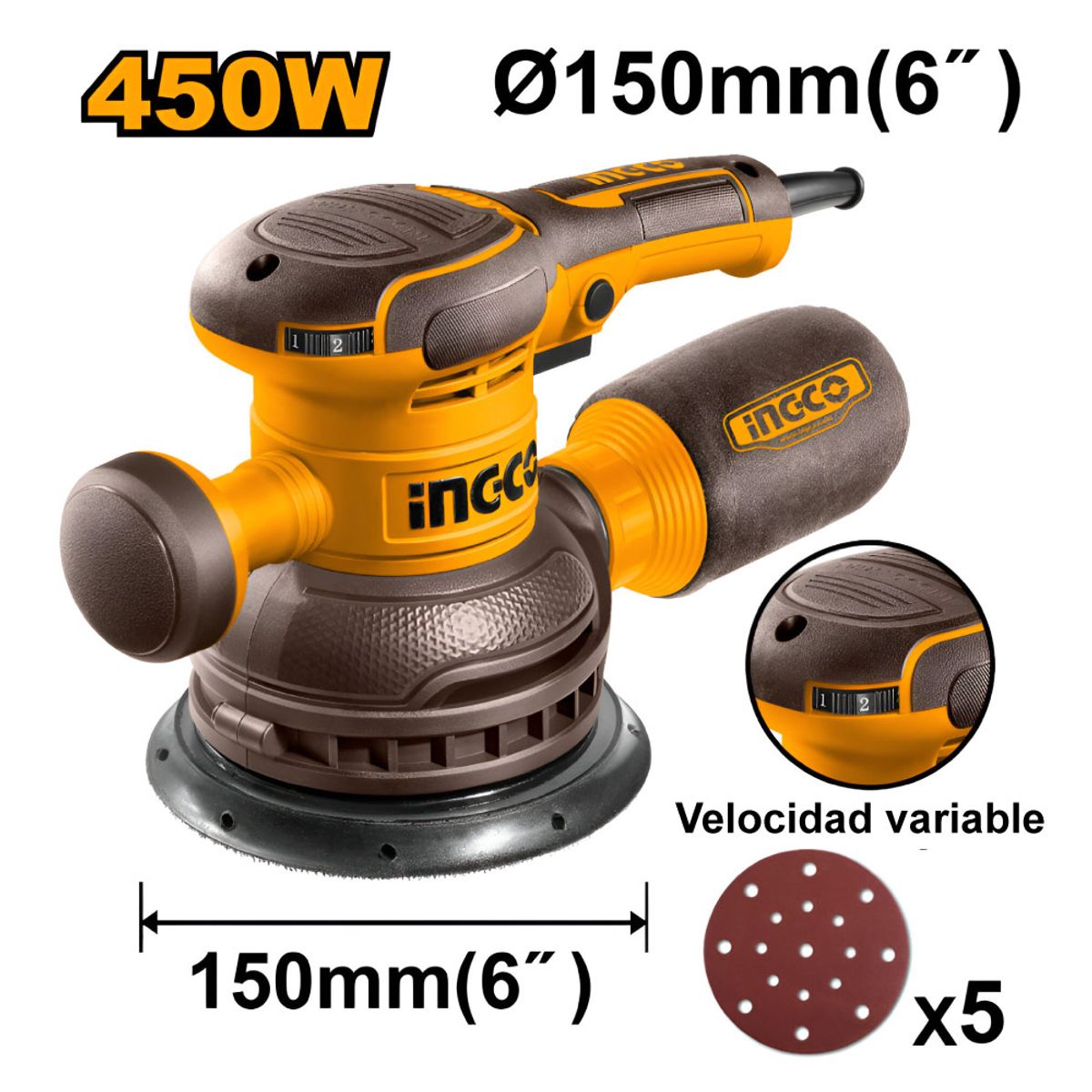 INGCO TOOLS - Lijadora Roto Orbital Ingco 450W + 5 Lijas RS4516