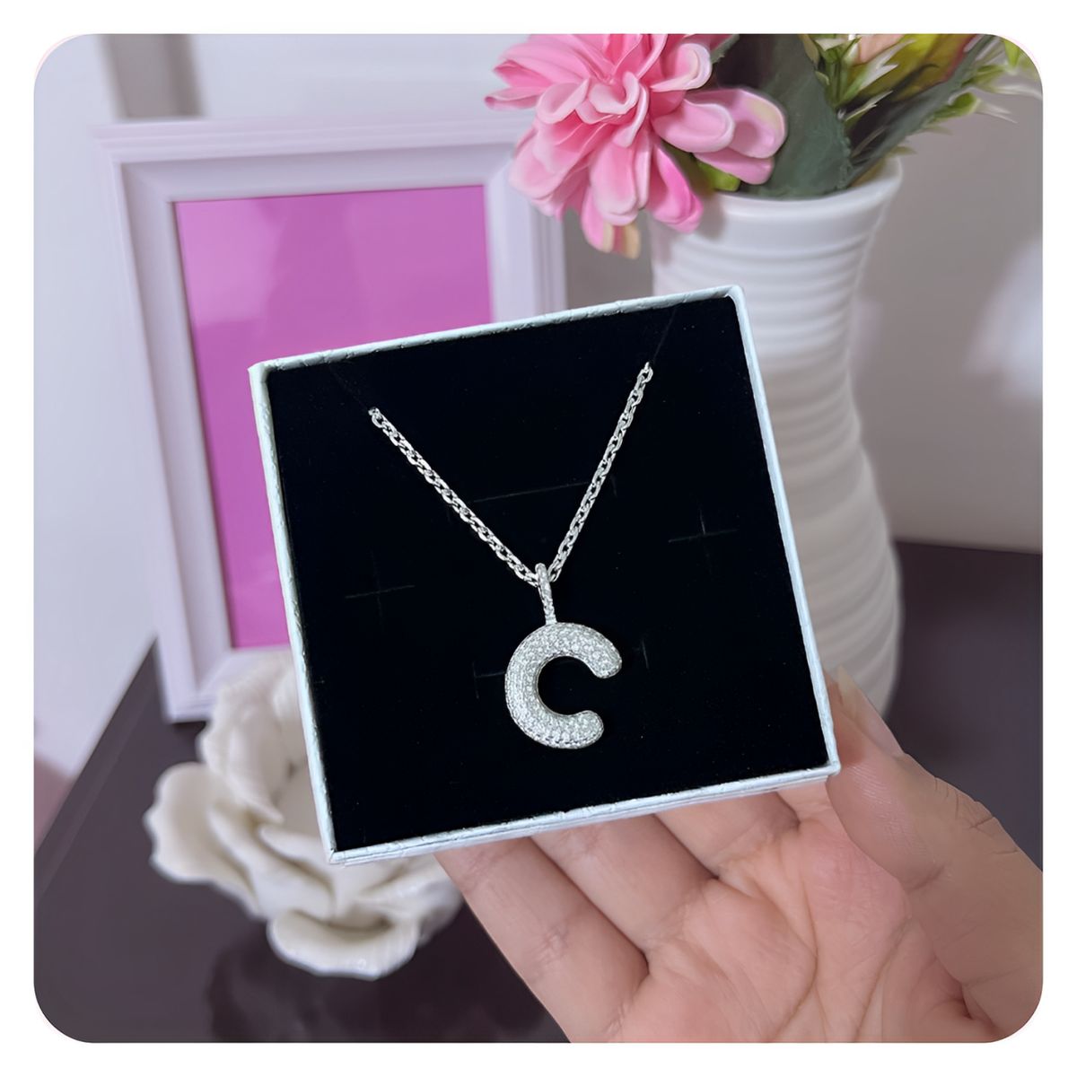 GENERICO - Collar Hombre Inicial Letra C Zircón Blanco Joya Plata 925