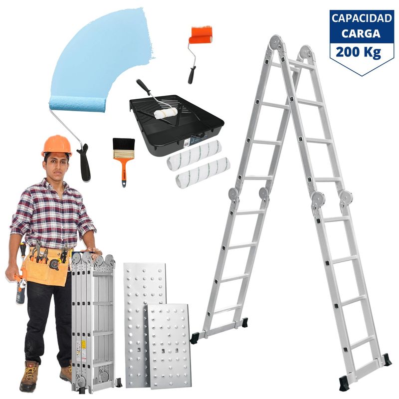 TRUPER - Escalera 16 peldaños multiposición + combo dumbo rodillos fino acabado