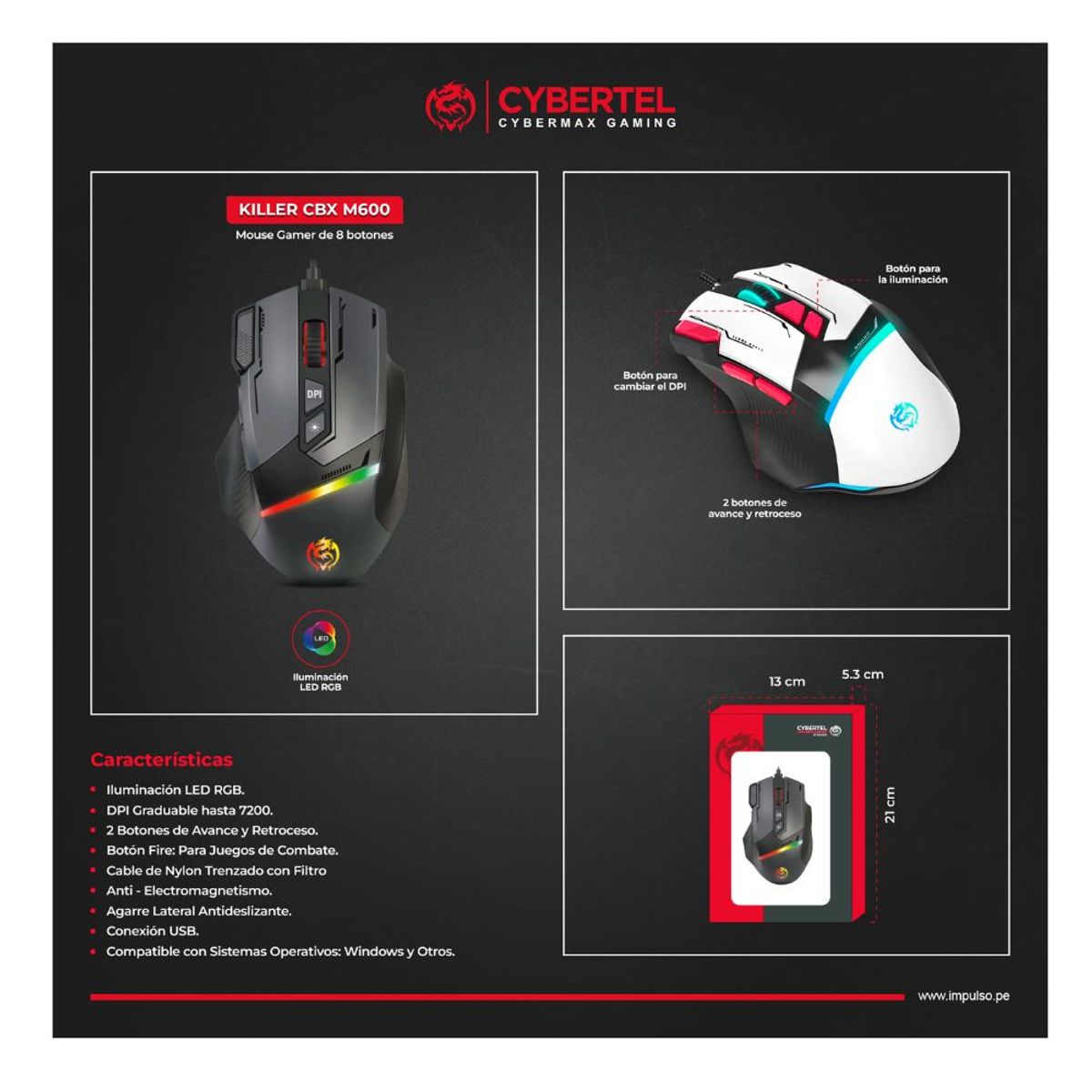 CYBERTEL - MOUSE GAMER KILLER CBX M600 USB RGB 8B 7200DPI CYBERTEL