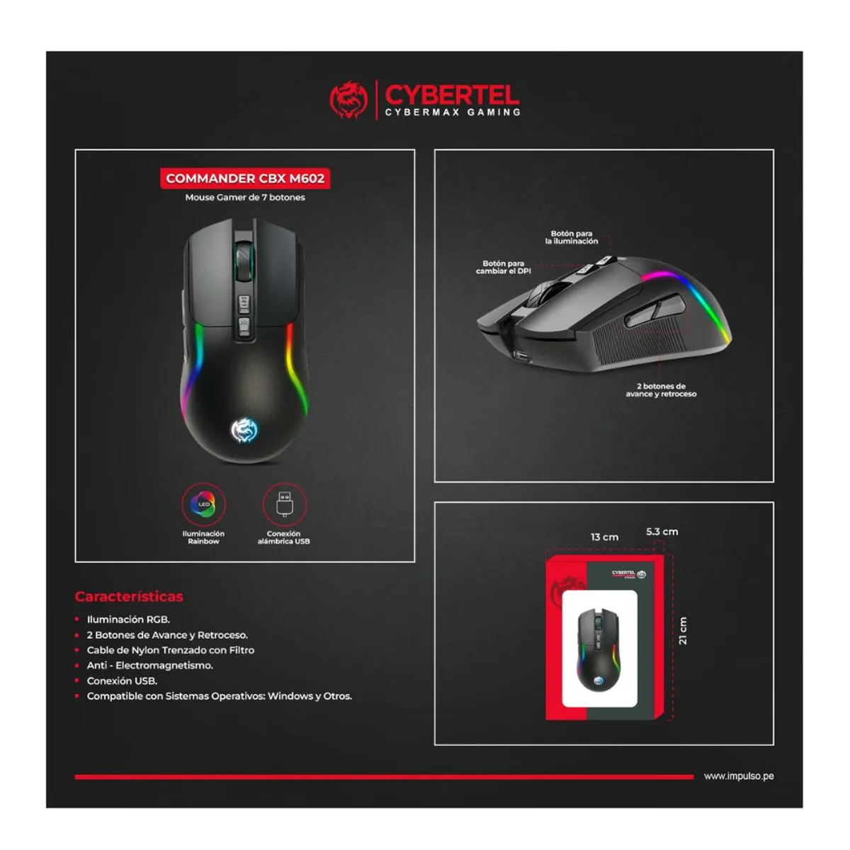 CYBERTEL - MOUSE GAMER COMMANDER CBX M602 USB RGB 7B 7200DPI CYBERTEL