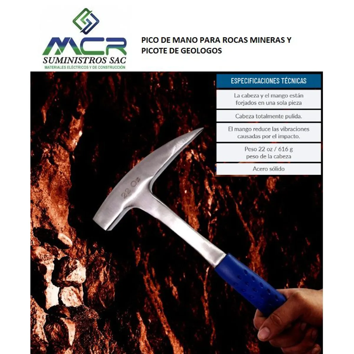 GENERICO - PICO DE MANO PARA ROCAS MINERAS DE 22 ONZAS O 616 GRAMOS