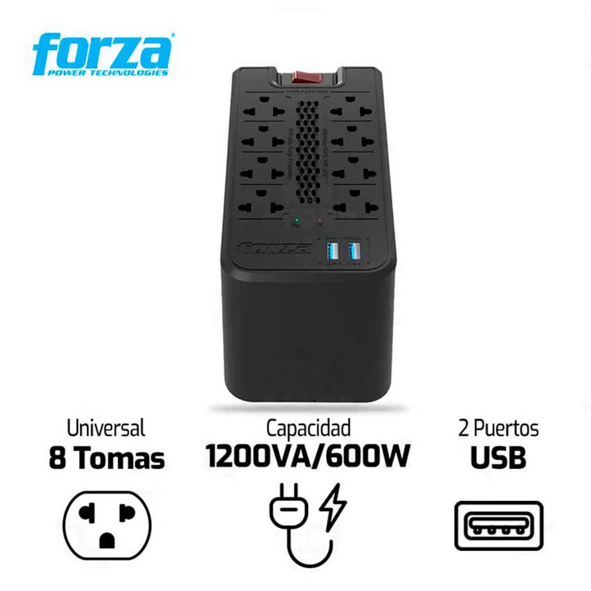 FORZA - Estabilizador FORZA FVR-1222USB 1200VA/600W 8 TOMAS - 2 USB