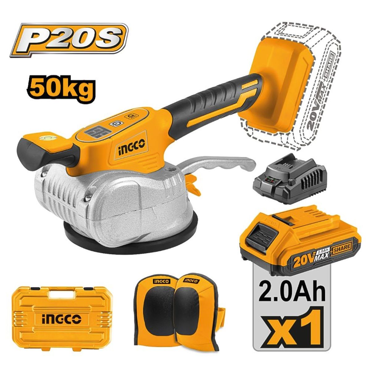 INGCO TOOLS - Ventosa Vibradora para Mayólica INGCO 20V 20AH 50KG CTVLI20101