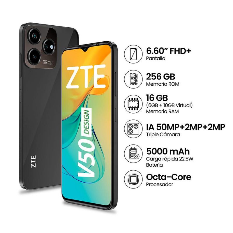 ZTE - Celular ZTE V50Design 66 16GB 256GB 50MP Negro