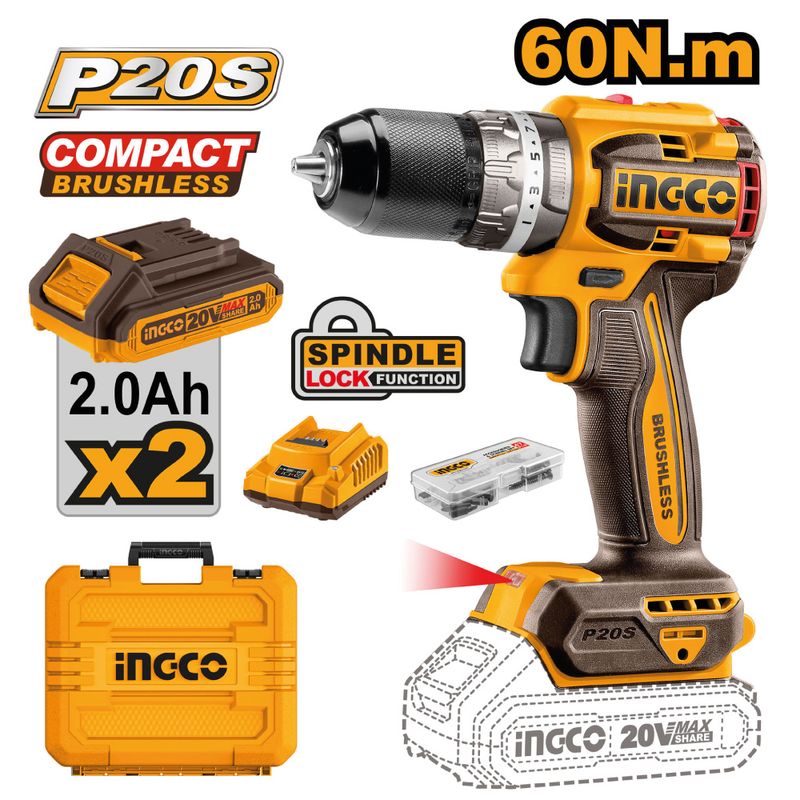 INGCO TOOLS - Taladro Atornillador Brushless Chuck Metálico INGCO 20V CDLI20602