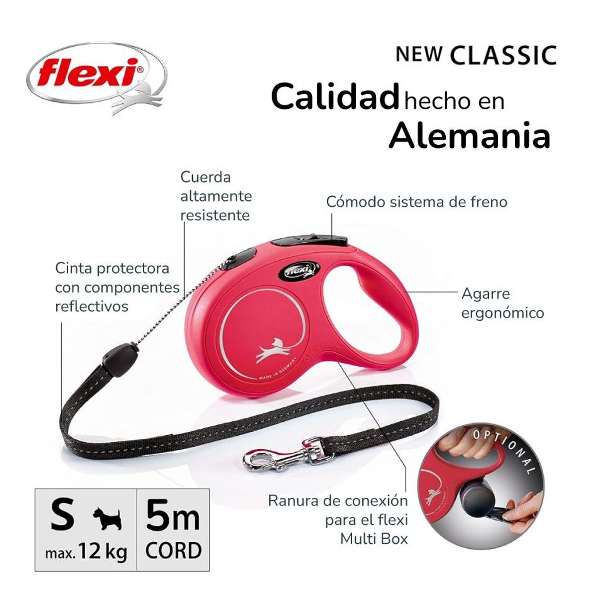 FLEXI - Correa retráctil New Classic cord 5m 12kg max Rojo