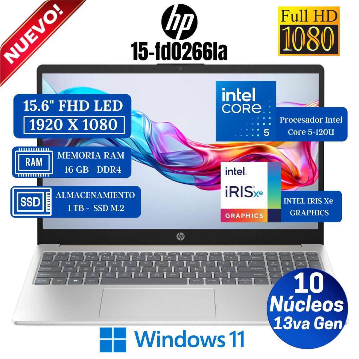 HP - Laptop HP 15-fd0266la 15.6" FHD, Intel Core 5-120U, Ram 16GB, SSD 1TB, Win 11 Pro
