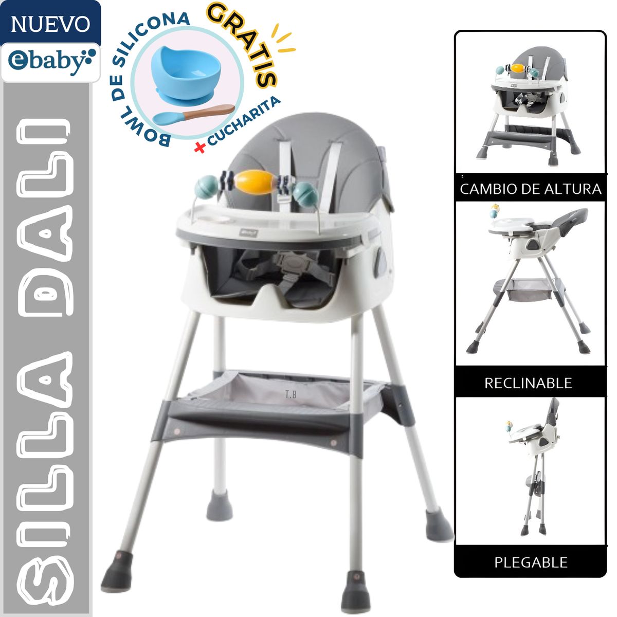 EBABY - SILLA DE COMER DALI GRIS + BOWL DE SILICONA - EBABY