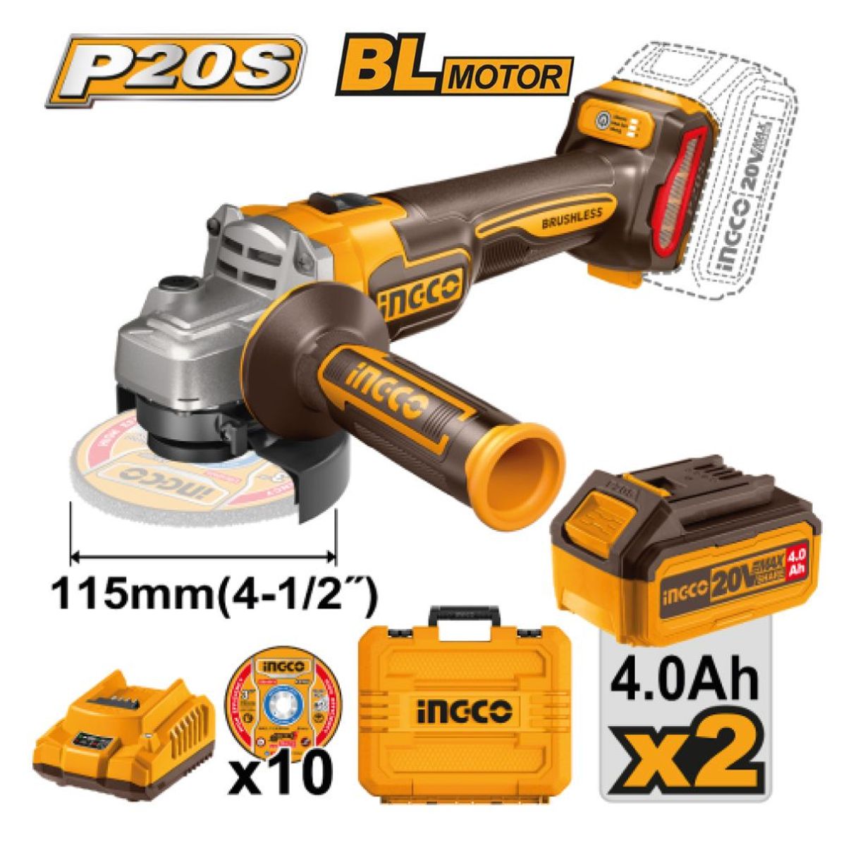 INGCO TOOLS - Amoladora Brushless Ingco 20V + 2 Baterías 4.0AH + Discos CAGLI211542