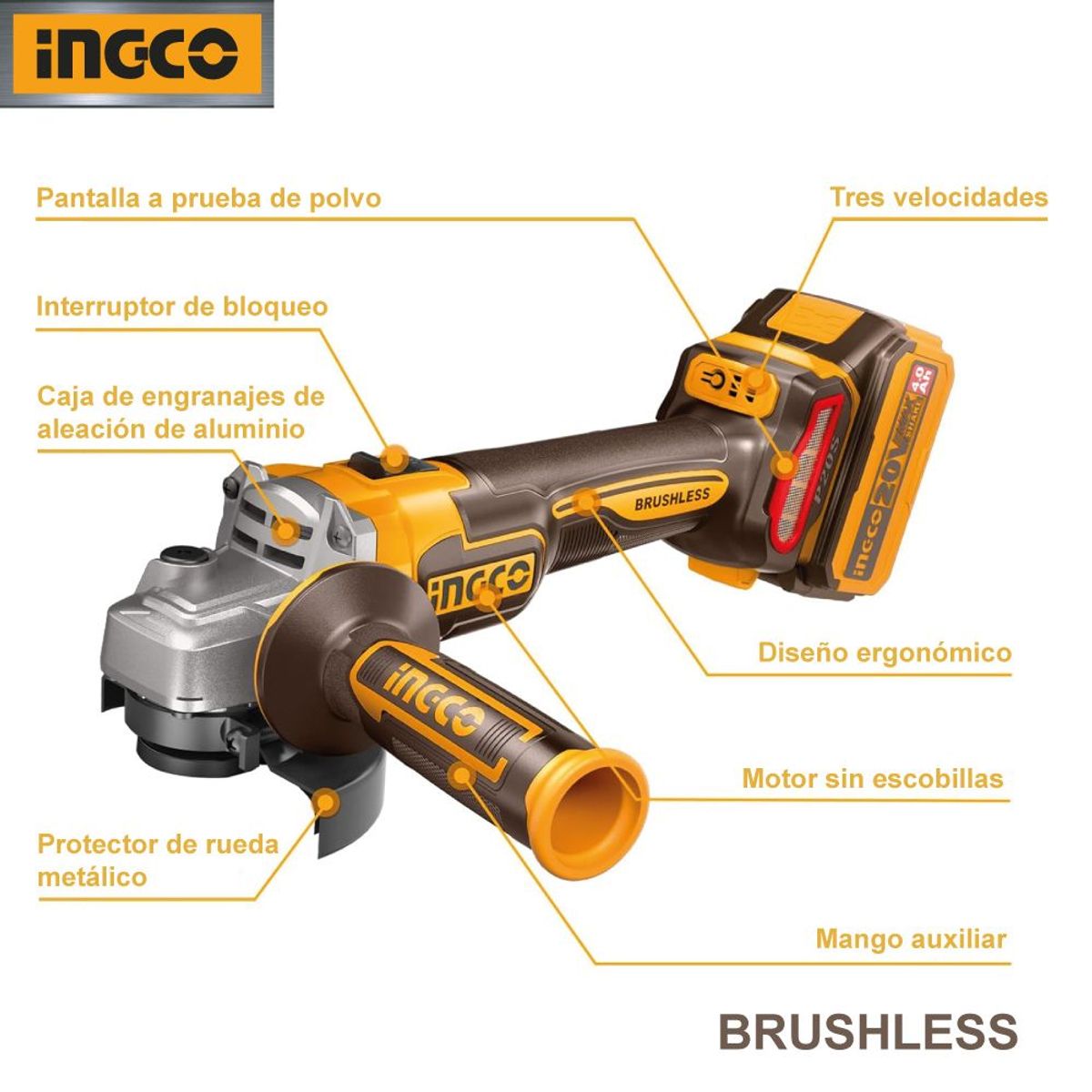 INGCO TOOLS - Amoladora Brushless Ingco 20V + 2 Baterías 4.0AH + Discos CAGLI211542
