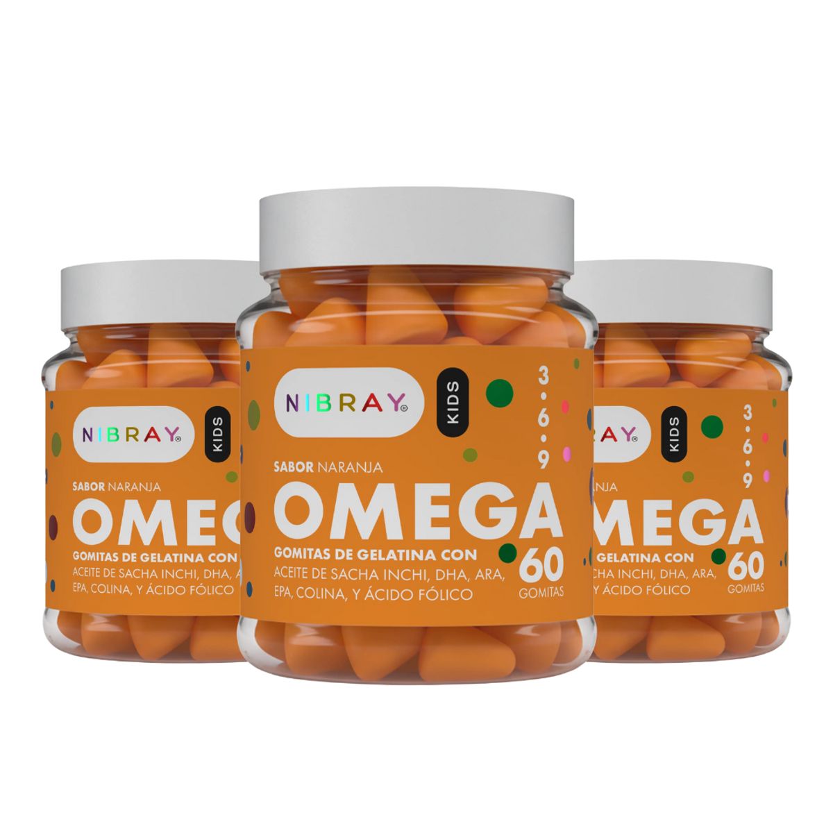 NIBRAY - Omega 3 6 y 9 DHA ARA EPA Colina y Ácido Fólico Pack 3 Frascos Nibray Kids