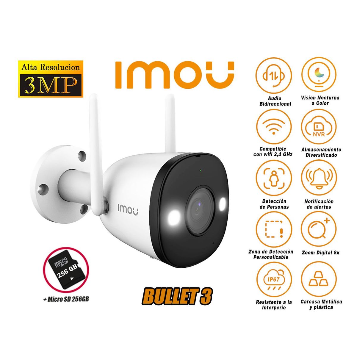 IMOU - Cámara Seguridad Wi-Fi BULLET 3 2K 3MP Exterior Noche Color + 256GB